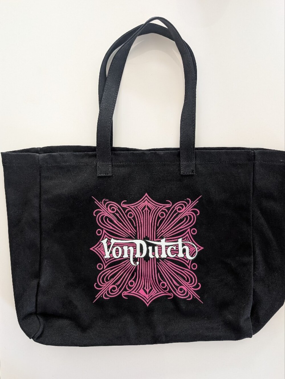 VonDutch Black Canvas Tote Bag with Pink Logo